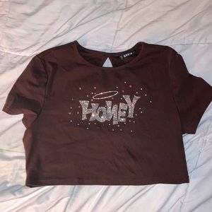 Shein women’s brown honey top, jeweled crop top